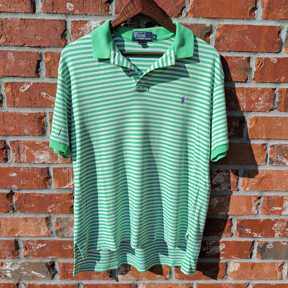 Polo Ralph Lauren Striped Polo Mens M Green White Pique Cotton Short Sleeve
